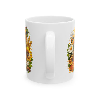 Beehive and Wildflowers Mug | Honeybee Floral Illustration Ceramic Mug (11oz)