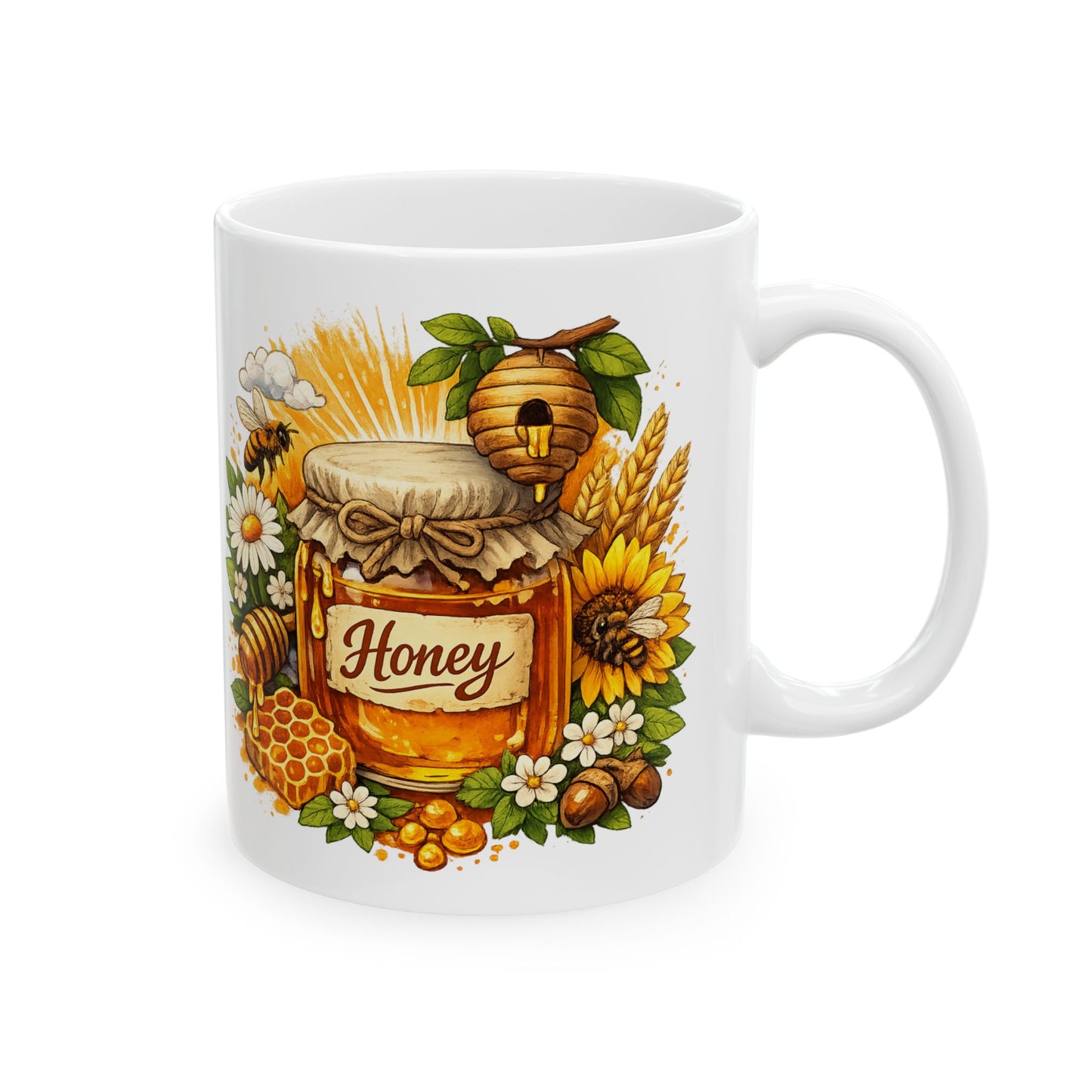 Beehive and Wildflowers Mug | Honeybee Floral Illustration Ceramic Mug (11oz)