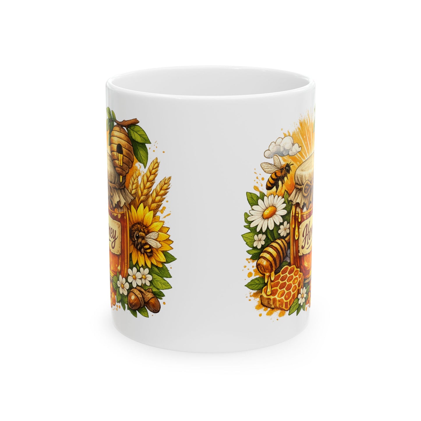 Beehive and Wildflowers Mug | Honeybee Floral Illustration Ceramic Mug (11oz)
